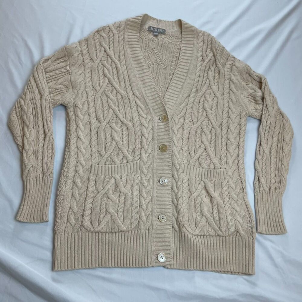 J Crew Oatmeal Beige Cable Knit Oversized V Neck Cardigan Sweater Size S